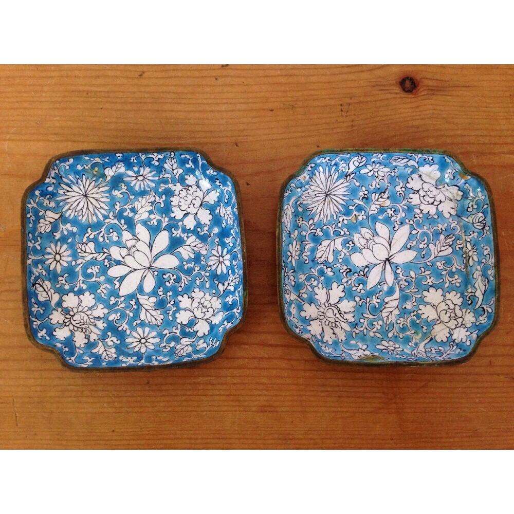 Vtg Chinese Cloisonne Enameled Lotus Floral Square Jewelry Trinket Bowls Dishes
